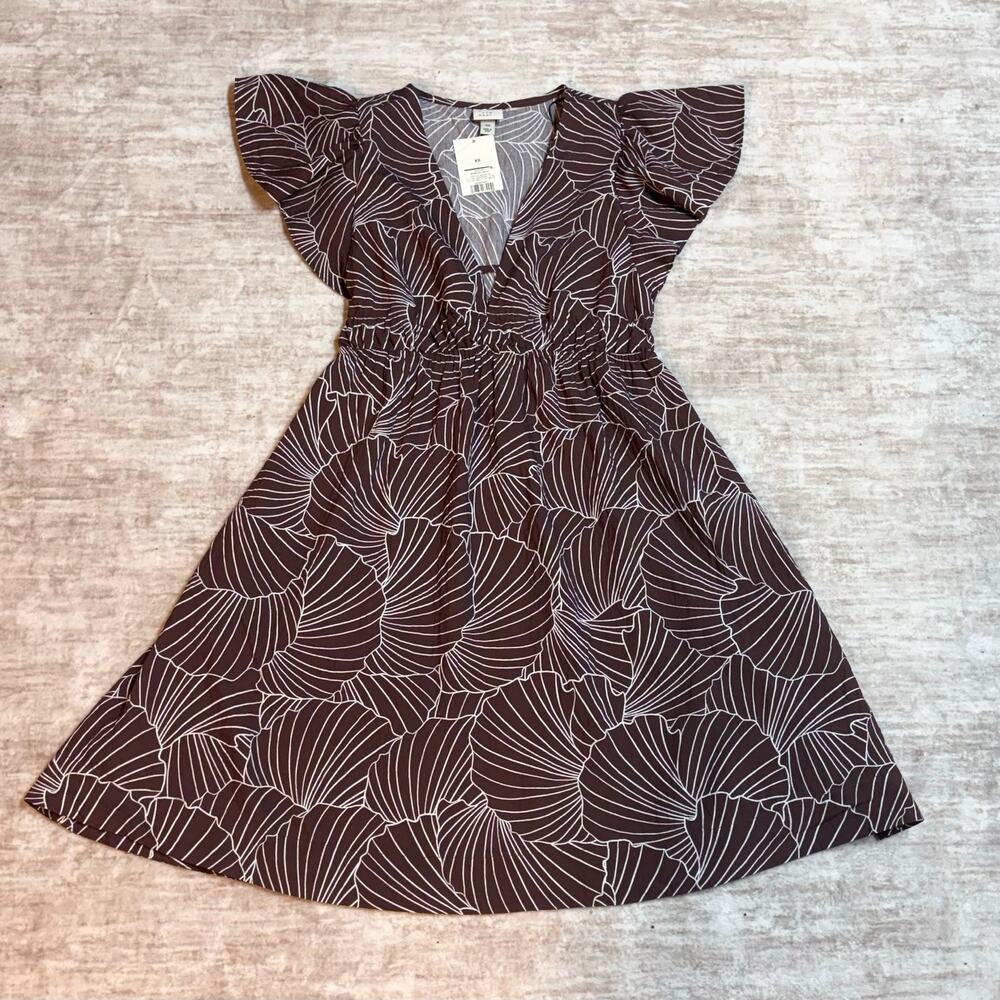 A New Day Women’s XS Brown Shell Dress Printed Ruffle Flutter Sleeve Keyhole New